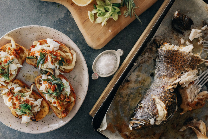 Caramelised Garlic and Fennel Coral Trout on Sourdough
