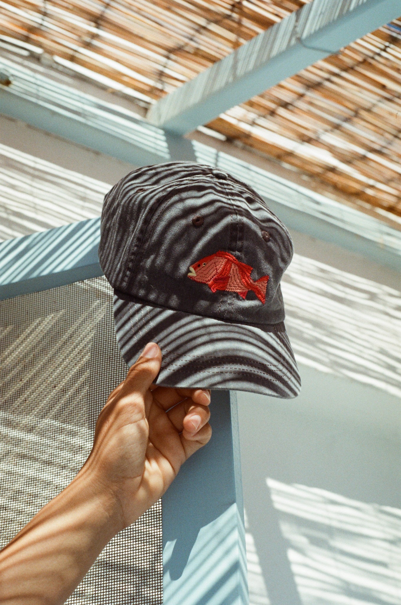 Faded blue hat with a red emperor fish on it hung over a blue timber door in Greece
