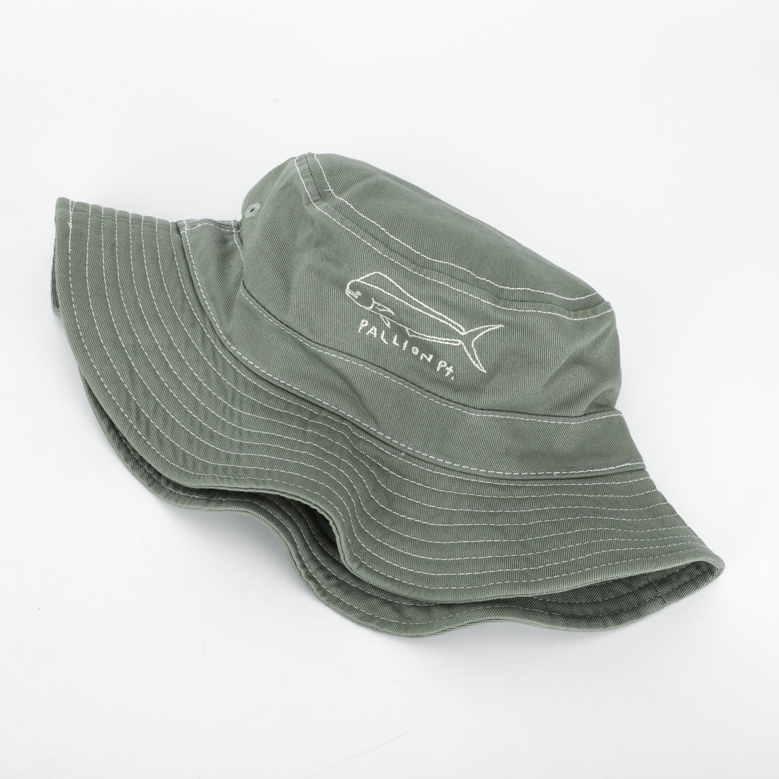 A mahi mahi fish outline embroidered on a sage green wide brim hat with white stitching.